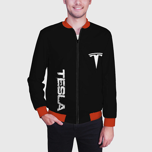 Мужской бомбер Tesla logo white / 3D-Красный – фото 3