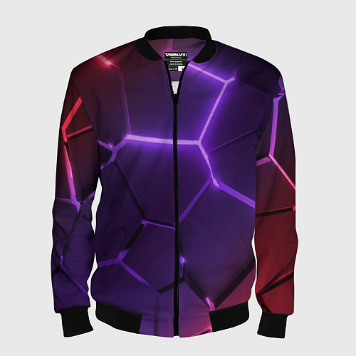 Мужской бомбер Красно-фиолетовые неоновые плиты в разломе / 3D-Черный – фото 1