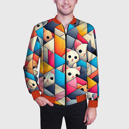 Мужской бомбер Geometric pattern with kittens - ai art / 3D-Красный – фото 3