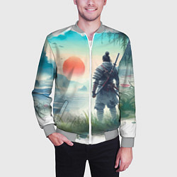 Бомбер мужской Японский самурай на берегу горного озера, цвет: 3D-меланж — фото 2