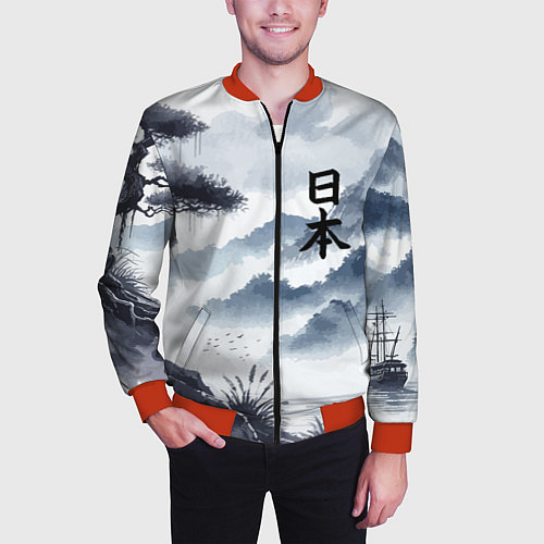 Мужской бомбер Японский пейзаж - нейросеть / 3D-Красный – фото 3