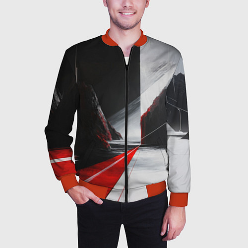 Мужской бомбер Футуристичный пейзаж в стиле авангард / 3D-Красный – фото 3