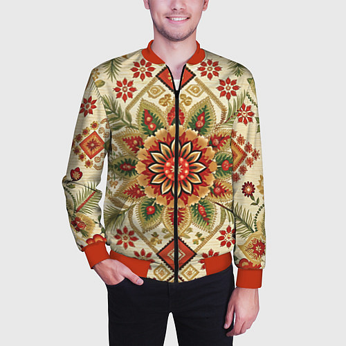 Мужской бомбер Стиль советского ковра узоры и орнамент / 3D-Красный – фото 3