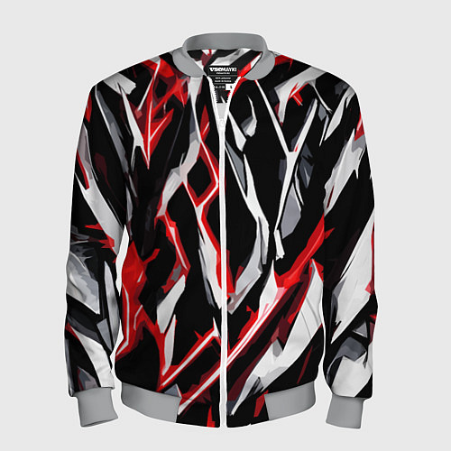 Мужской бомбер Красно-белые агрессивные полосы на чёрном фоне / 3D-Меланж – фото 1