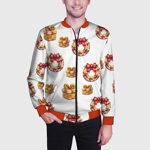 Мужской бомбер Много новогодних пончиков и подарков с бантиком и / 3D-Красный – фото 3