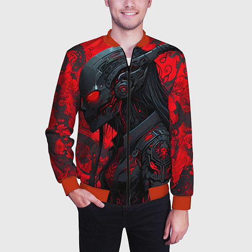 Мужской бомбер Девушка в стиле киберпанк / 3D-Красный – фото 3