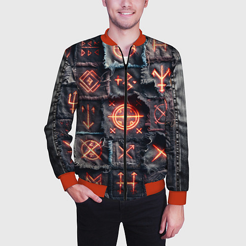 Мужской бомбер Символы викингов на пэчворк джинсах / 3D-Красный – фото 3