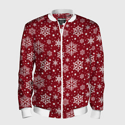 Бомбер мужской Новогодний узор - белые снежинки на красном фоне, цвет: 3D-белый