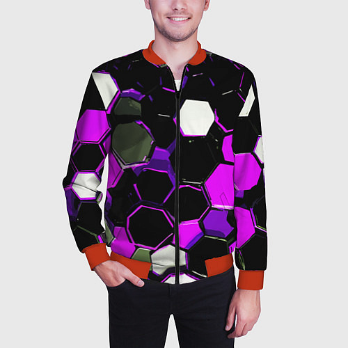 Мужской бомбер Розово-белые шестиугольники на чёрном фоне / 3D-Красный – фото 3