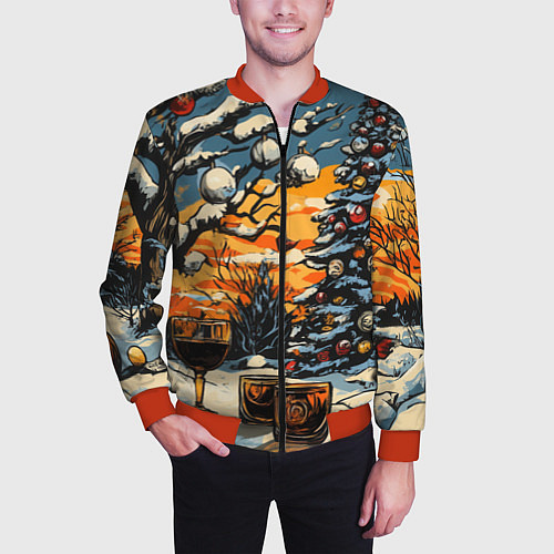 Мужской бомбер Новогоднее настроение и елка / 3D-Красный – фото 3