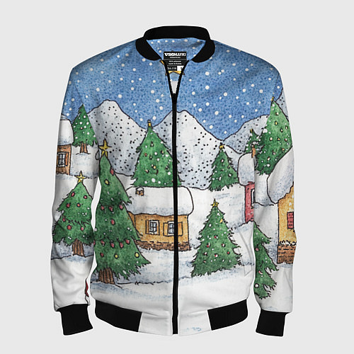 Мужской бомбер Домики и елки - новый год / 3D-Черный – фото 1