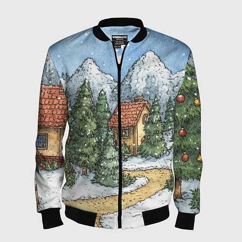 Мужской бомбер Новогодний пейзаж / 3D-Черный – фото 1