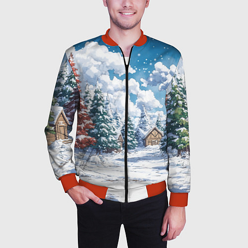 Мужской бомбер Предновогодняя природа / 3D-Красный – фото 3