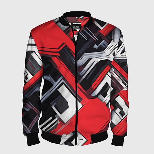 Мужской бомбер Красно-белый техно паттерн / 3D-Черный – фото 1