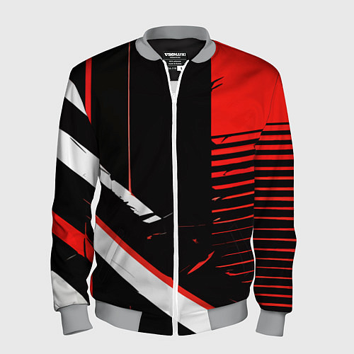 Мужской бомбер Красно белые полосы на чёрном фоне / 3D-Меланж – фото 1