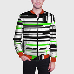 Бомбер мужской Зелёно-белые технологические линии на чёрном фоне, цвет: 3D-красный — фото 2