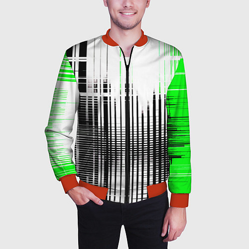 Мужской бомбер Зелёно-чёрный гранж на белом фоне / 3D-Красный – фото 3