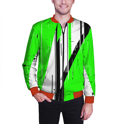 Мужской бомбер Black and white vertical stripes on a green backgr / 3D-Красный – фото 3