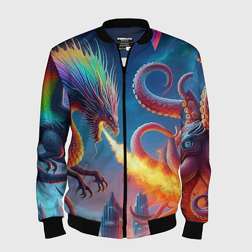 Мужской бомбер Огнедышащий дракон против осьминога - нейроарт фан / 3D-Черный – фото 1