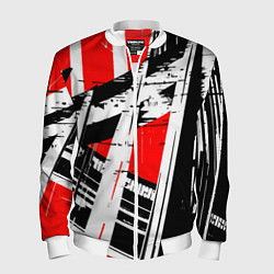 Бомбер мужской Чёрно-белые абстрактные линии на красном фоне, цвет: 3D-белый