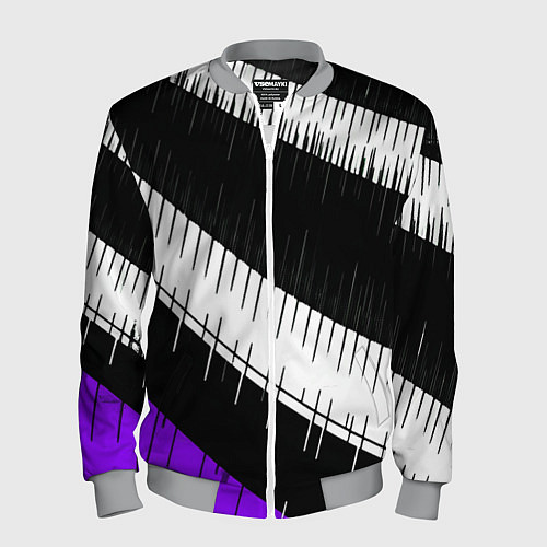 Мужской бомбер Диагональные чёрно-белые полосы на фиолетовом фоне / 3D-Меланж – фото 1