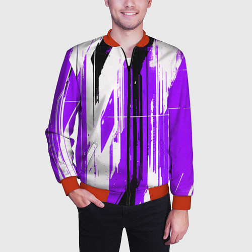 Мужской бомбер Вертикальные чёрно-белые линии на фиолетовом фоне / 3D-Красный – фото 3
