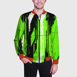 Бомбер мужской Вертикальные чёрно-белые линии на зелёном фоне, цвет: 3D-красный — фото 2