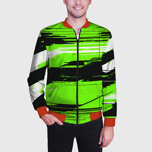 Мужской бомбер Горизонтальные чёрно-белые линии на зелёном фоне / 3D-Красный – фото 3