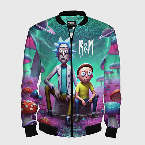 Мужской бомбер Рик и Морту на сказочной грибной планете - нейроар / 3D-Черный – фото 1