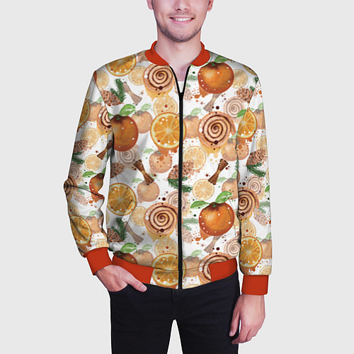 Мужской бомбер Апельсины, корица, булочки с корицей на светлом фо / 3D-Красный – фото 3