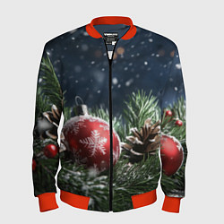 Бомбер мужской Новогодний шар и шишка, цвет: 3D-красный