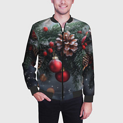 Бомбер мужской Красные игрушки на елке и шишки, цвет: 3D-черный — фото 2