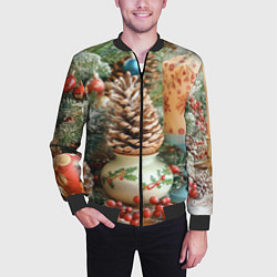 Бомбер мужской Новогодняя атрибутика, цвет: 3D-черный — фото 2