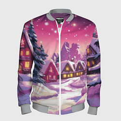 Мужской бомбер Новогодние домики и фиолетовый закат