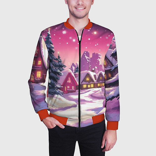 Мужской бомбер Новогодние домики и фиолетовый закат / 3D-Красный – фото 3