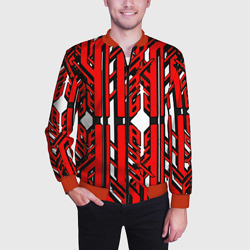 Мужской бомбер Чёрно-красные техно полосы на белом фоне / 3D-Красный – фото 3