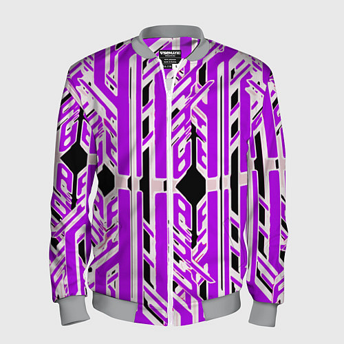 Мужской бомбер Бело-фиолетовые техно полосы на чёрном фоне / 3D-Меланж – фото 1