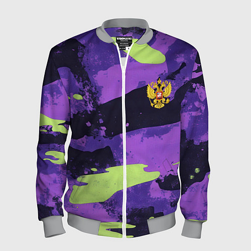Мужской бомбер Герб РФ на фиолетовом камуфляже / 3D-Меланж – фото 1