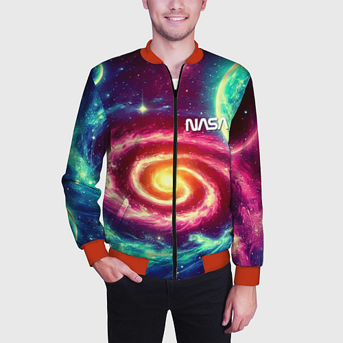 Мужской бомбер Spiral galaxy - neon glow / 3D-Красный – фото 3