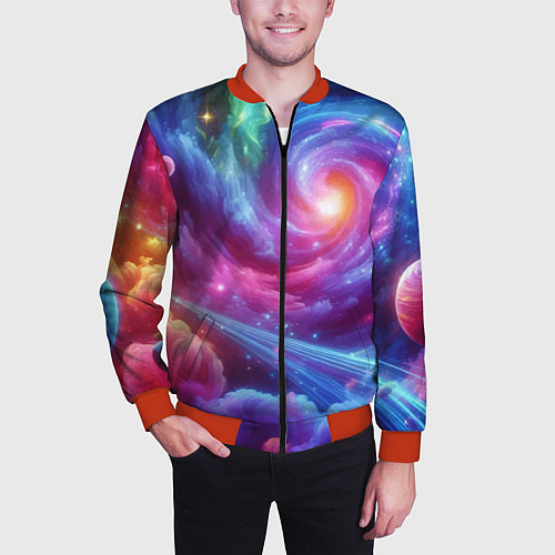Мужской бомбер Neon space fantasy / 3D-Красный – фото 3