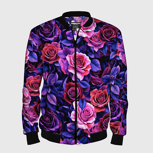 Мужской бомбер Разноцветные цветы - синие розы паттерн / 3D-Черный – фото 1