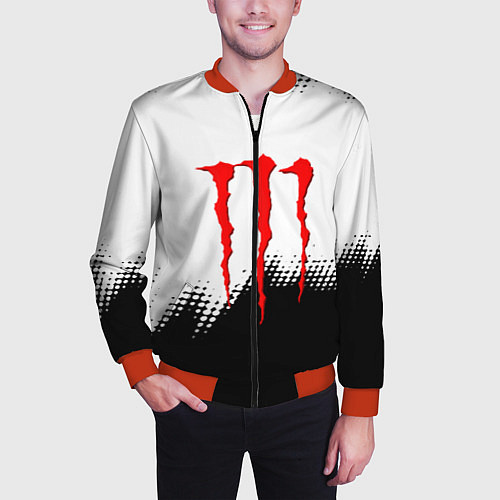 Мужской бомбер Monster energy чёрно белые краски / 3D-Красный – фото 3