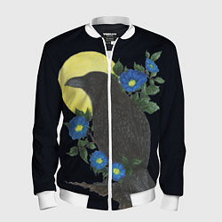 Бомбер мужской Чёрный ворон на ветке среди синих цветов под луной, цвет: 3D-белый