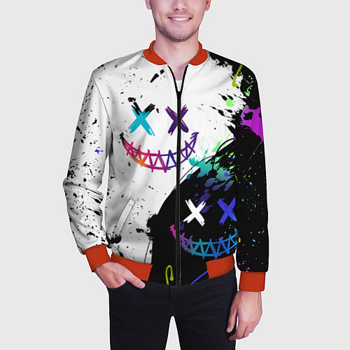 Мужской бомбер Неоновые брызги - жуткие улыбки / 3D-Красный – фото 3