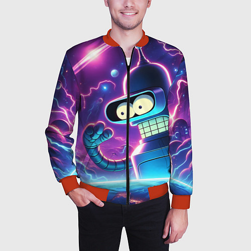 Мужской бомбер Bender in neon space - cartoon Futurama / 3D-Красный – фото 3