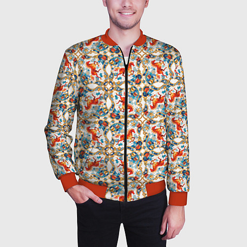 Мужской бомбер Орнамент с лошадью - символом Нового 2026 года / 3D-Красный – фото 3