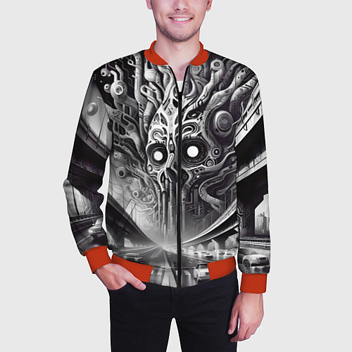Мужской бомбер Art skull in metropolis - ai art fantasy / 3D-Красный – фото 3