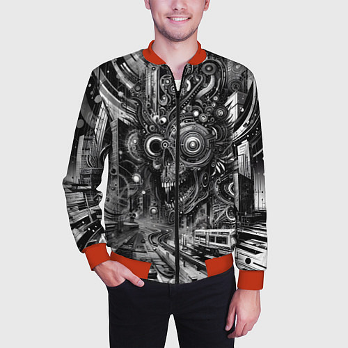 Мужской бомбер Cyber urban skull - ai art fantasy / 3D-Красный – фото 3