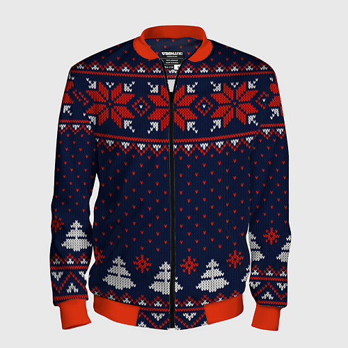 Мужской бомбер Новогодний вязаный узор / 3D-Красный – фото 1