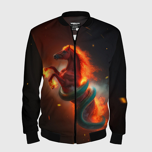 Мужской бомбер Смена зелёной змеи на красную огненную лошадь / 3D-Черный – фото 1